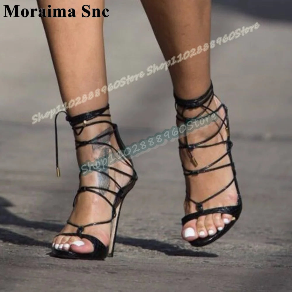 Narrow Strap Black Leather Open Toe Lace Up Stiletto Sandals For Women
