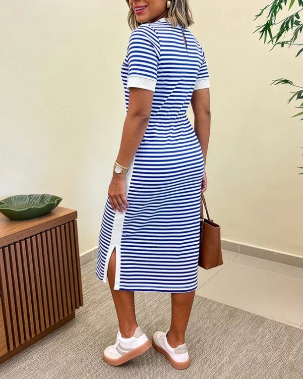 Striped Color Block Midi T-Shirt Dress With Cinched Waist for Women