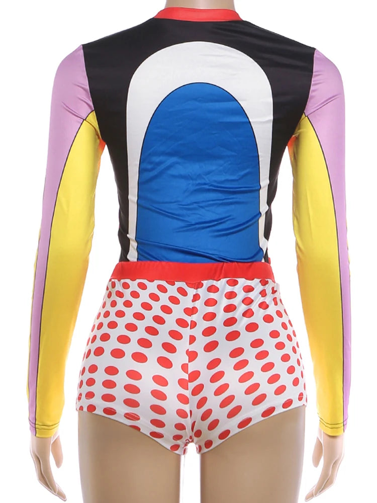Colorful Patchwork Print O Neck Tee and Polka Dot Shorts Two Piece Set for Women