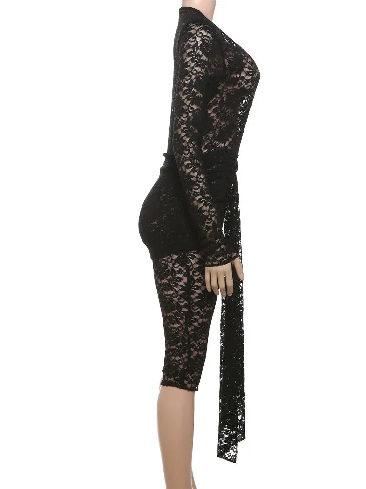Low Neck See Through Jacquard Long Sleeve Romper for Women