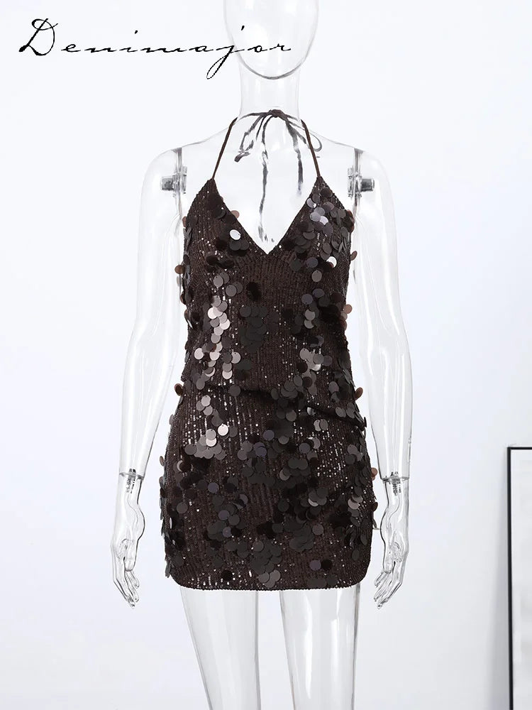Sequin Halter Two Piece Top and Mini Skirt Set for Women