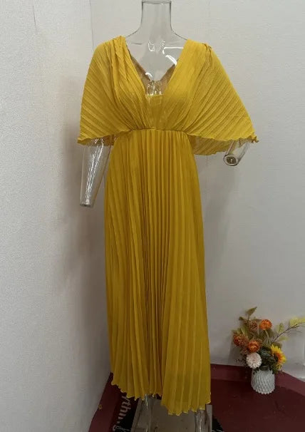 Solid Color V-Neck Bat-Sleeve High-Waisted Dress for Women