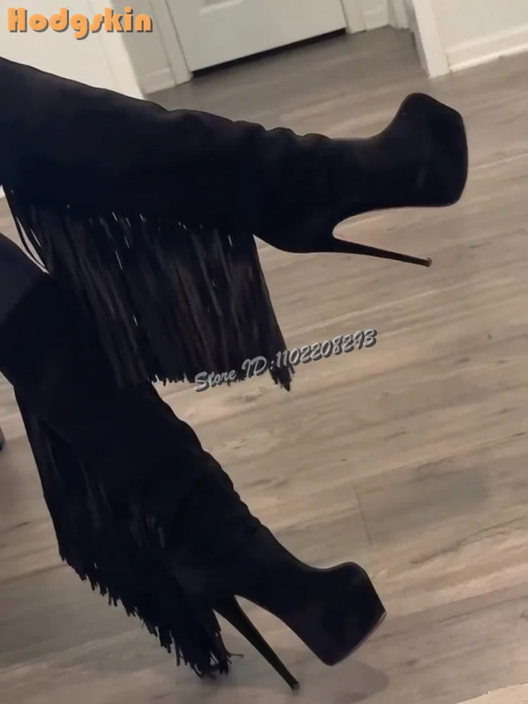 Fringe Suede Knee High Platform Heeled Boots for Women