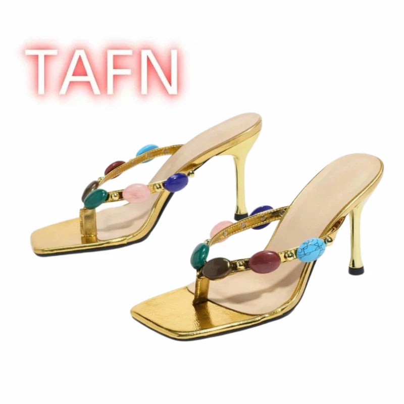 Gold Patent Beaded Square Toe Thong Mules for Women