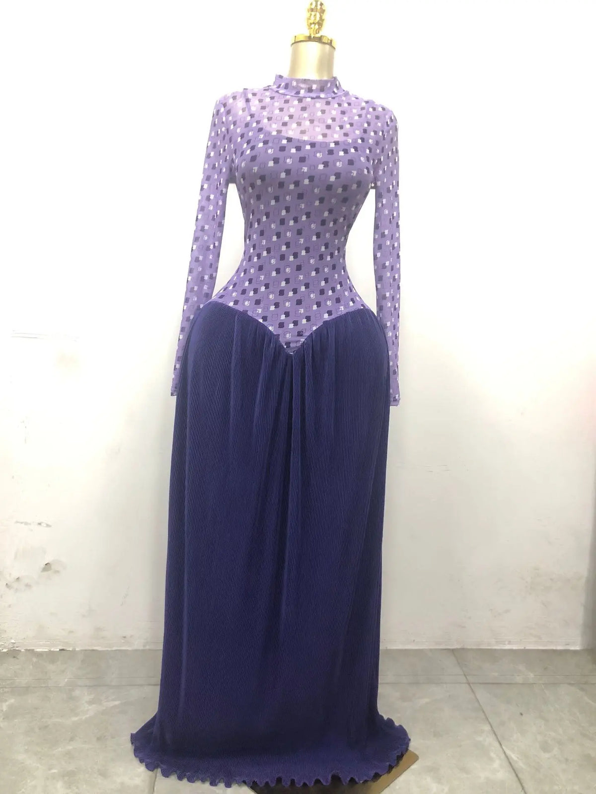 Pleated Stand Collar Maxi Dress With Long Sleeves for Women