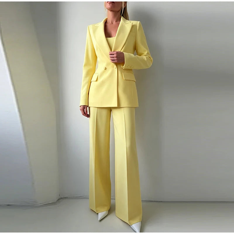 Elegant Wide Leg Pants And Blazer Three Piece Set For Women