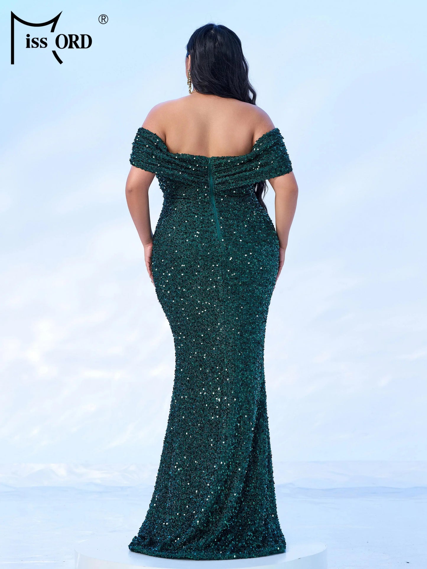 Missord Grey Sequin Plus Size Evening Dress Elegant Women Off Shoulder Bodycon Maxi Mermaid Party Prom Dresses Long Formal Gown