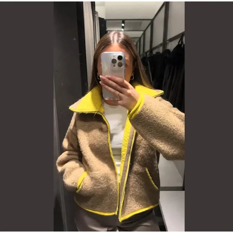 Fuzz Yellow Contrast Long Sleeve With Zipper Coat for Women