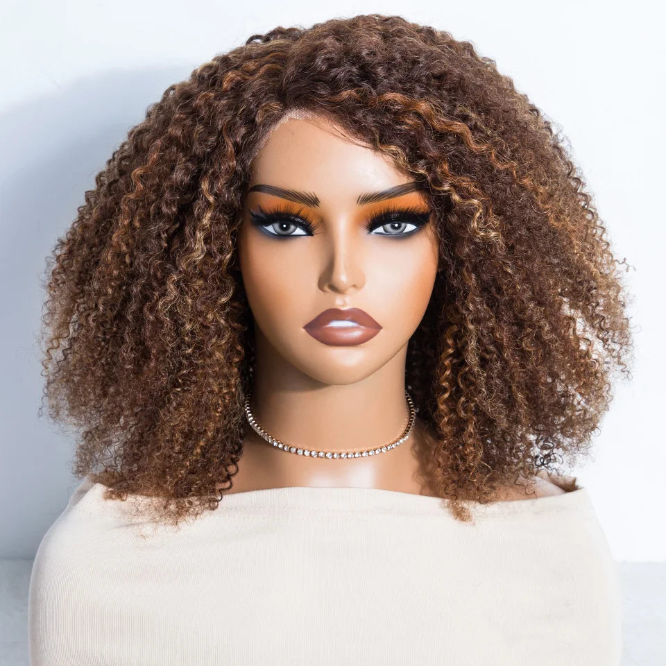 Ombre Brown Kinky Curly Glueless Bob Lace Wig for Women