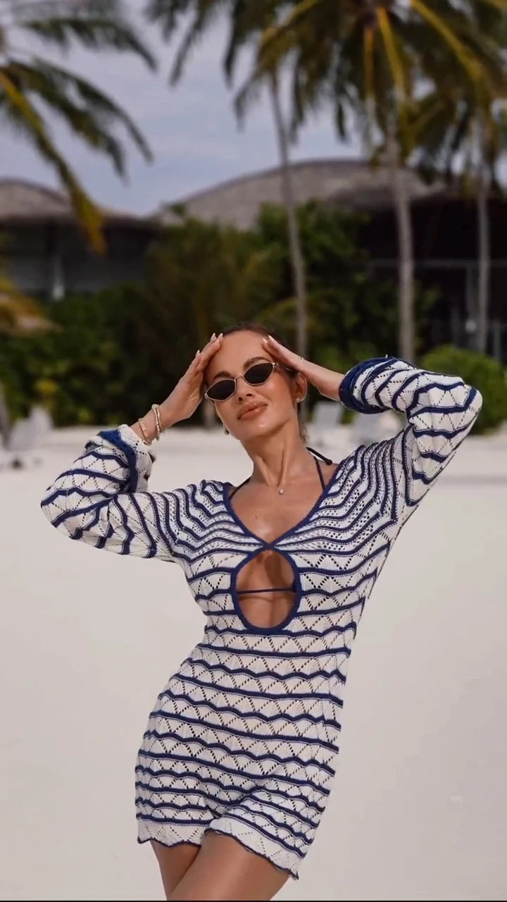 Sexy Boho Striped Chic V-neck Cut Out Bell Sleeve Knit Beach Mini Dress 2025 Summer Women Seaside Holiday Swimsuit Cover Up K123