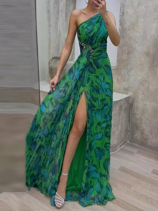 Krisstarsgirls Women's Evening Party Dresses 2025 Summer Spring Leopard Pleated Split-Side Sleeveless Rhinestone Maxi Dresses