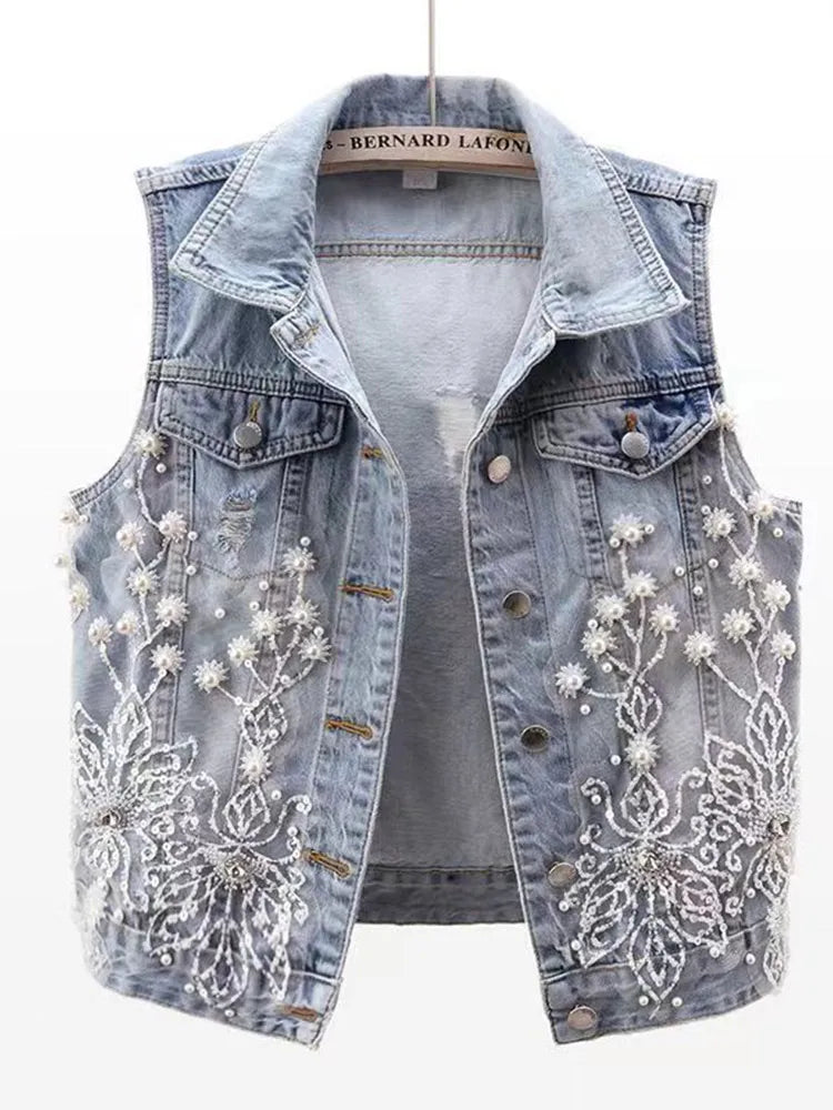 Fashion Lace Beaded Denim Vest Women Cardigan 2025 New Spring Sleeveless Jacket Fashion Loose Vintage Jeans Waistcoat Tide R359