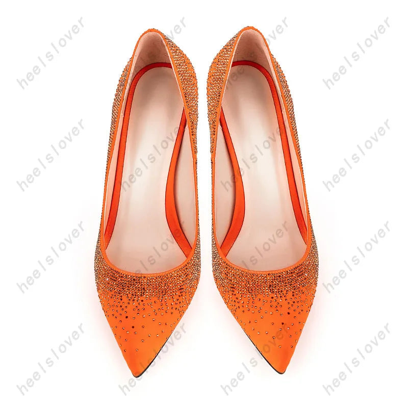 Elegant Orange Rhinestone Pointed Toe Pumps For Women