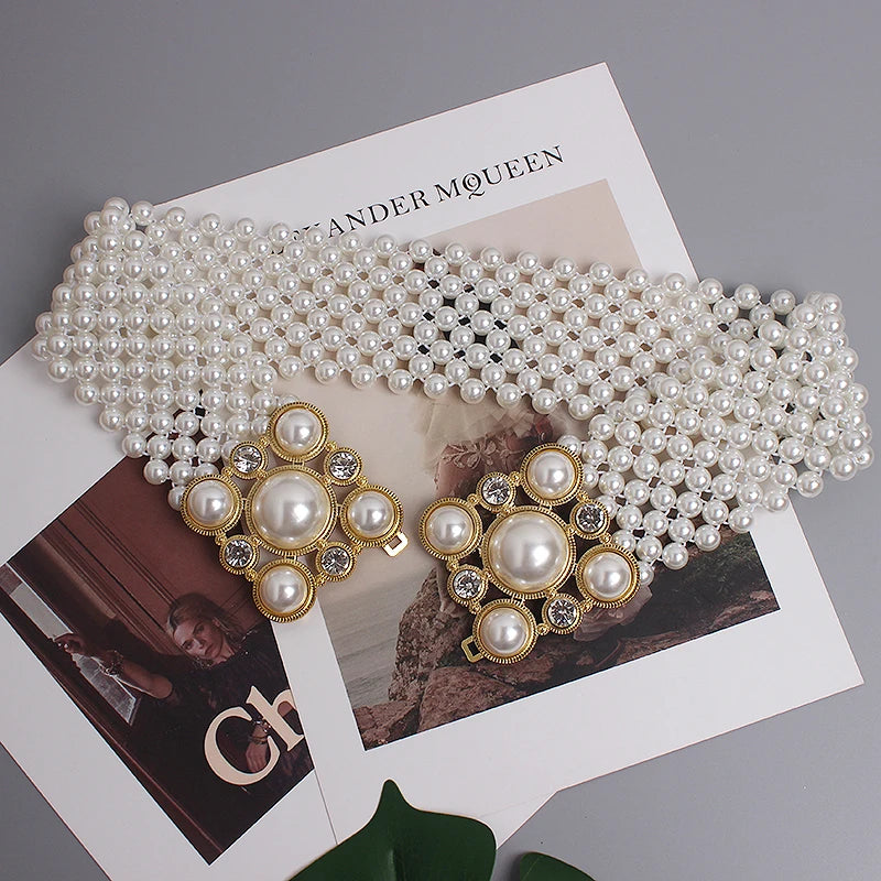 Pearl Embellished Elastic Waist Chain Belt for Women