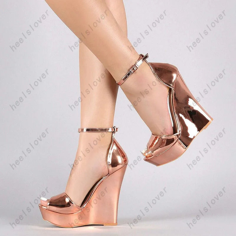 Glossy Peep Toe Platform Wedge Sandals With Buckle Strap For Women