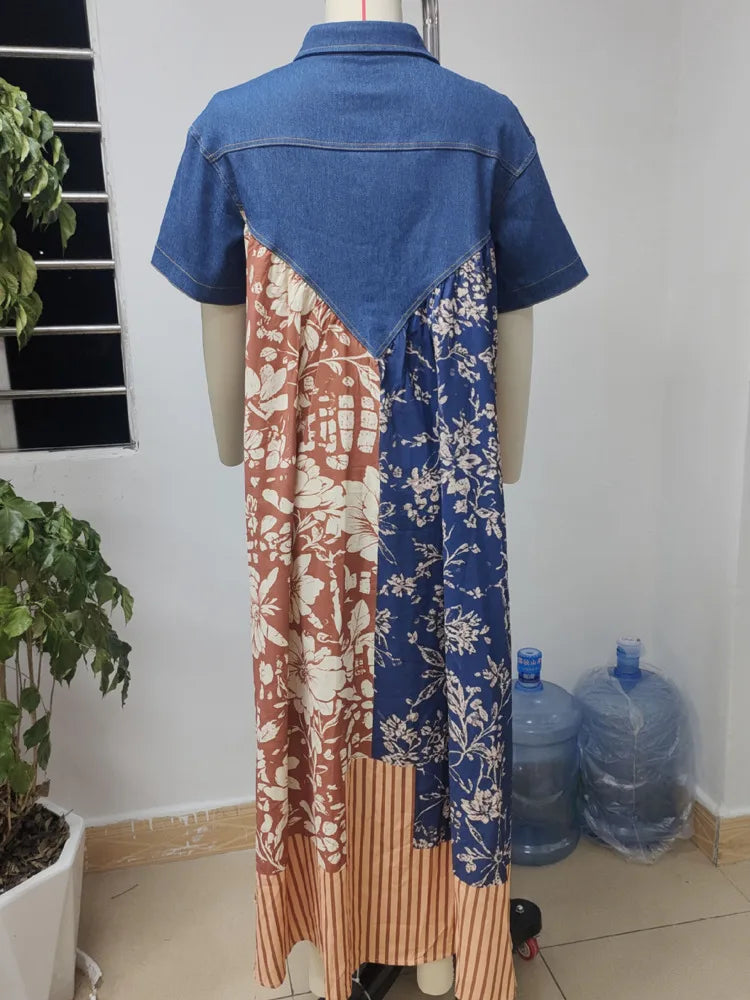 Leopard Print Denim Panel Maxi Dress