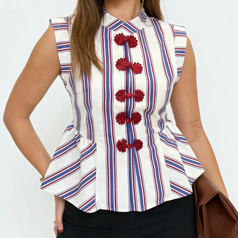 Striped Mandarin Collar Peplum With Button Front Top for Women