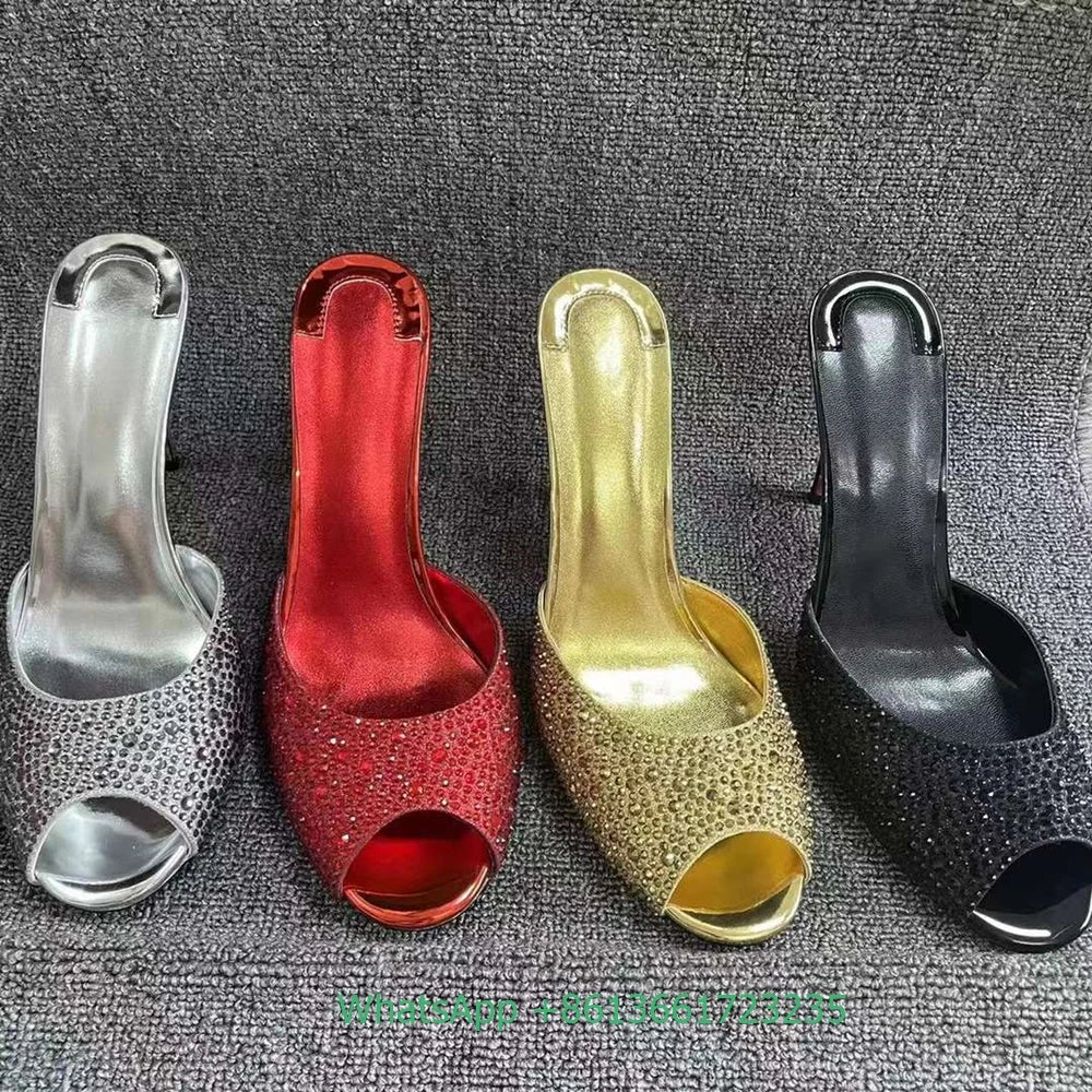 Elegant Rhinestone Peep Toe Stiletto Heel Slides For Women