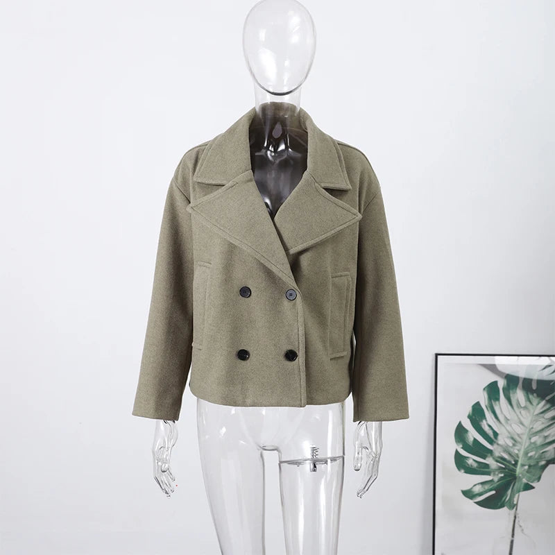 Double Breasted Cropped Jacket With Turn Down Collar for Women