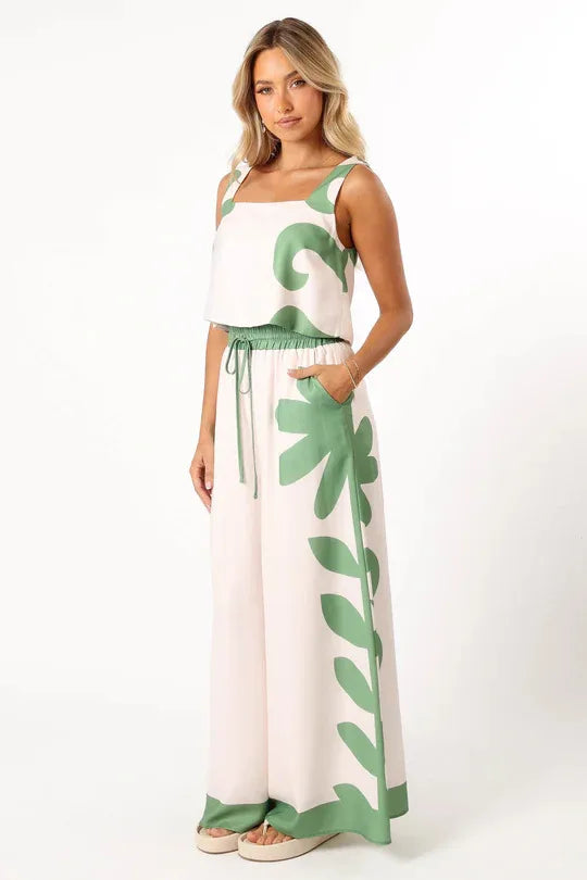 Casual Summer Print High Waist Wide Leg Two Piece Set for Women