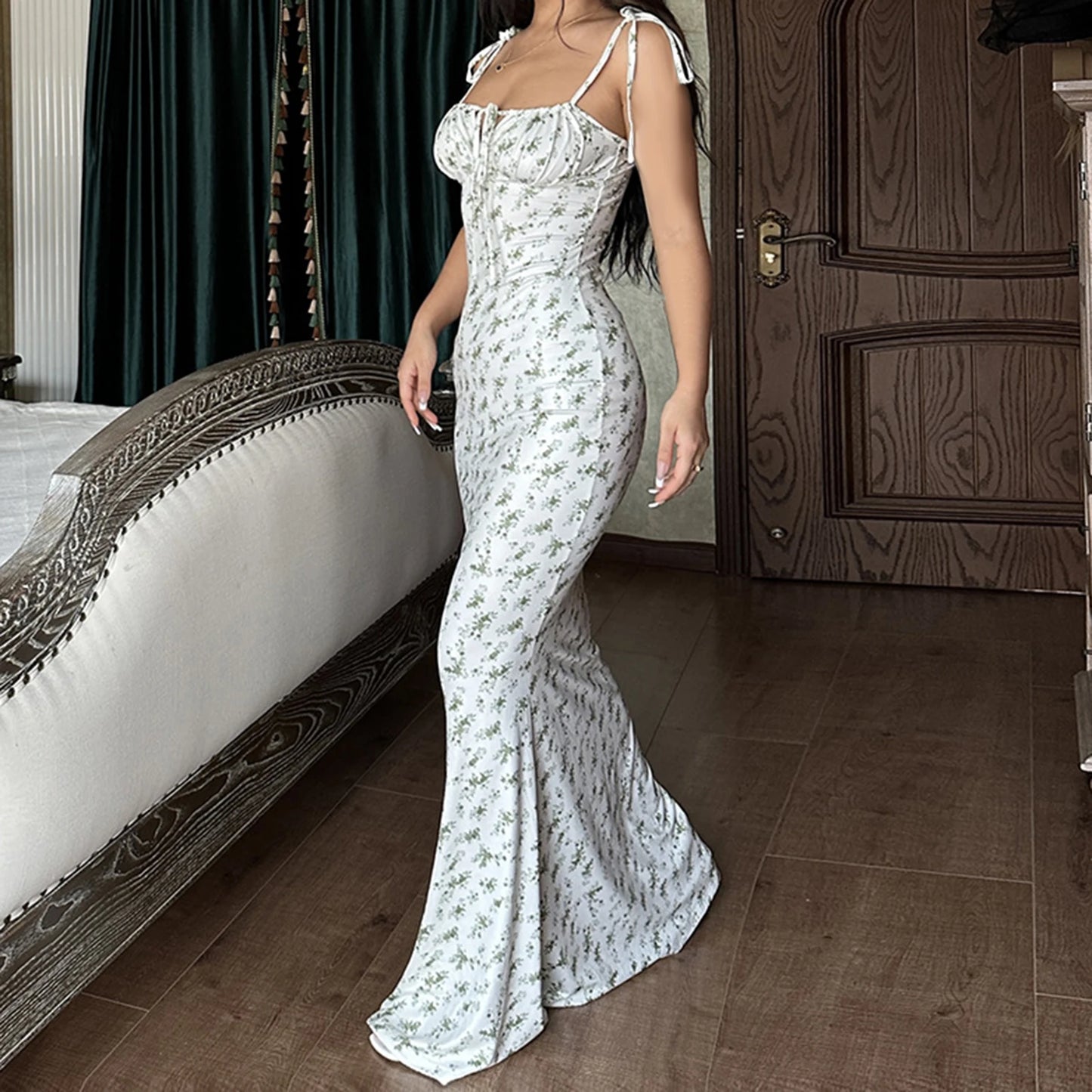 Floral Spaghetti Strap V Neck Midi Dress for Women