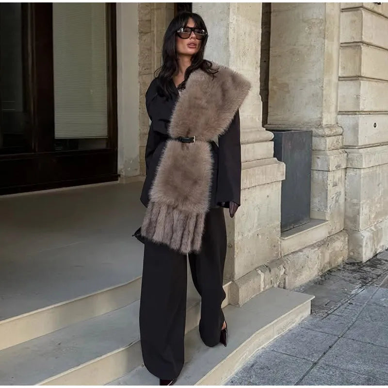 Long Thick Plush Faux Fur Scarf With Fringe for Women