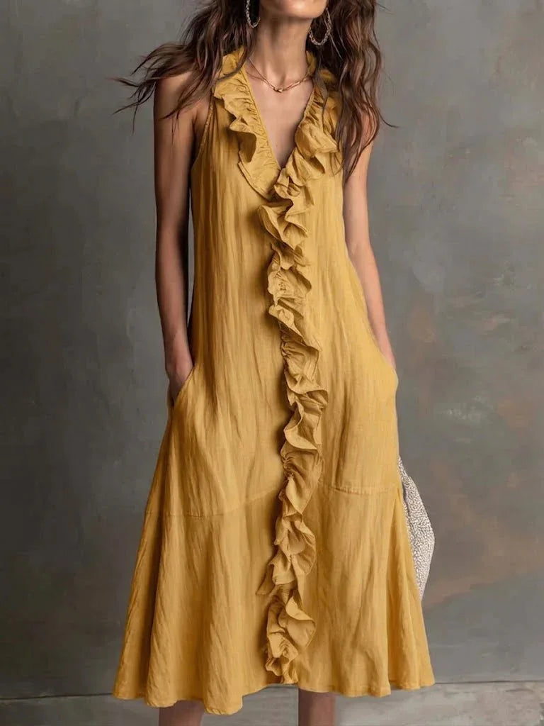 Solid Color Ruffle Trim V Neck Sleeveless Midi Dress with Pocket for Women
