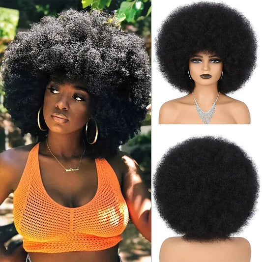 Newmi Hair Fluffy Kinky Curly Human Hair Wig With Thick Bangs 180% Density Glueless Brazilian Virgin None Lace Wig Natural Color