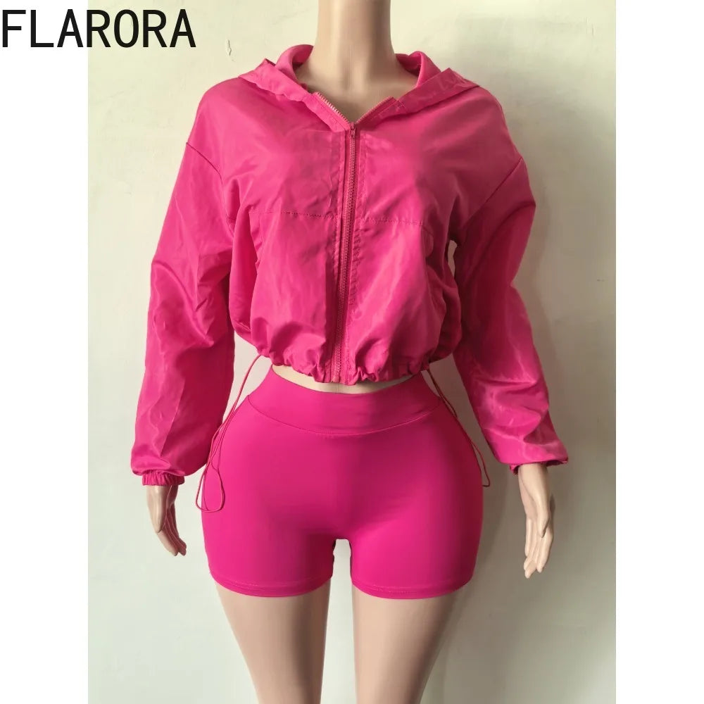 Hooded Zip Crop Jacket And Skinny Shorts Set for Women