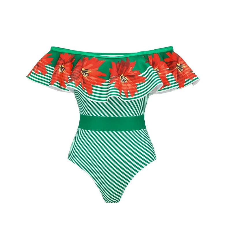 Striped Off Shoulder Bikini Set with High Waist Skirt for Women