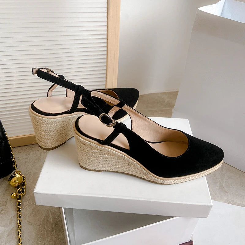 Apricot Back Strap Suede Wedge Platform Sandals for Women