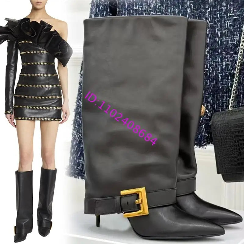 Design Women Metal High Heel Pointed Toe Belt Buckle Knee High Boots Sexy Women Pointy Gold Belt Buckle Knee Boots Plus Size 46
