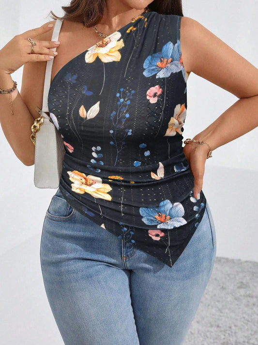 Plus Size Women's Floral Print Top, Casual Tight-Fitting Woven Blouse for All Seasons, Stylish Apparel