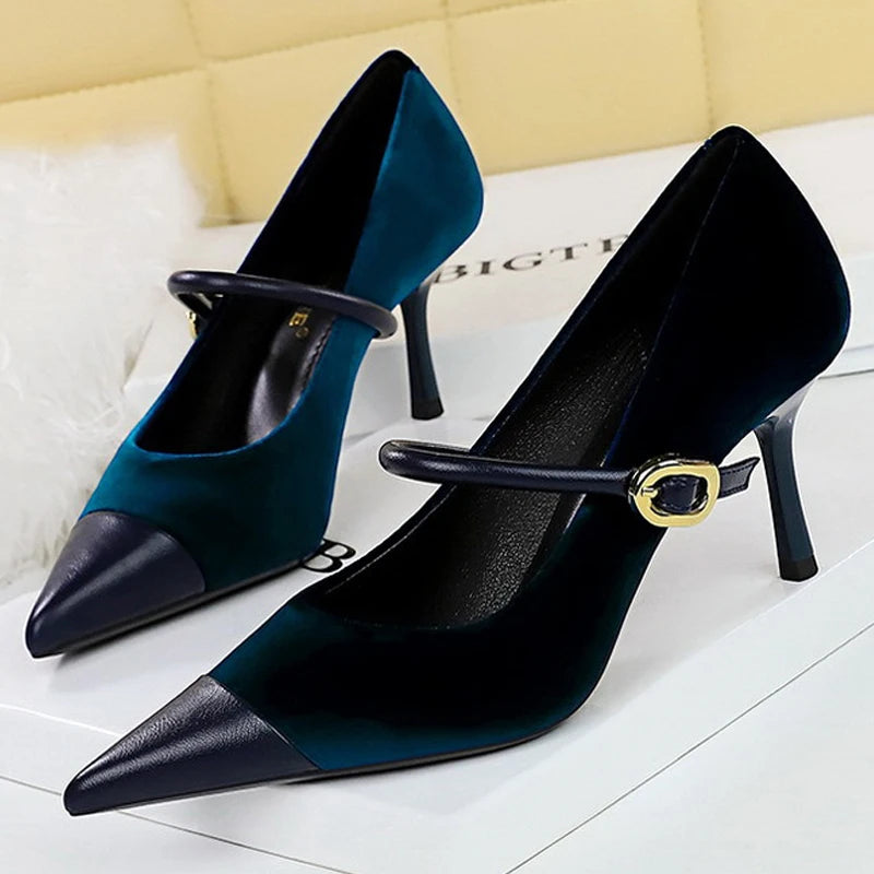 Suede Buckle Strap Pointed Toe Stiletto Pumps for Women