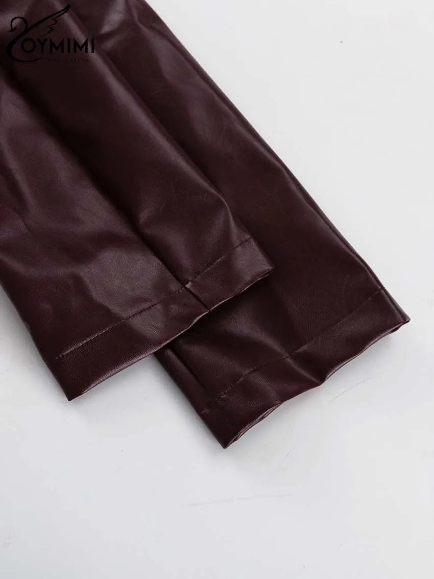 Oymimi Vintage Wine Red Pu Leather Womens 2 Piece Outfit Set Elegant Long Sleeve Lace-Up Shirts And Straight Simple Trousers Set