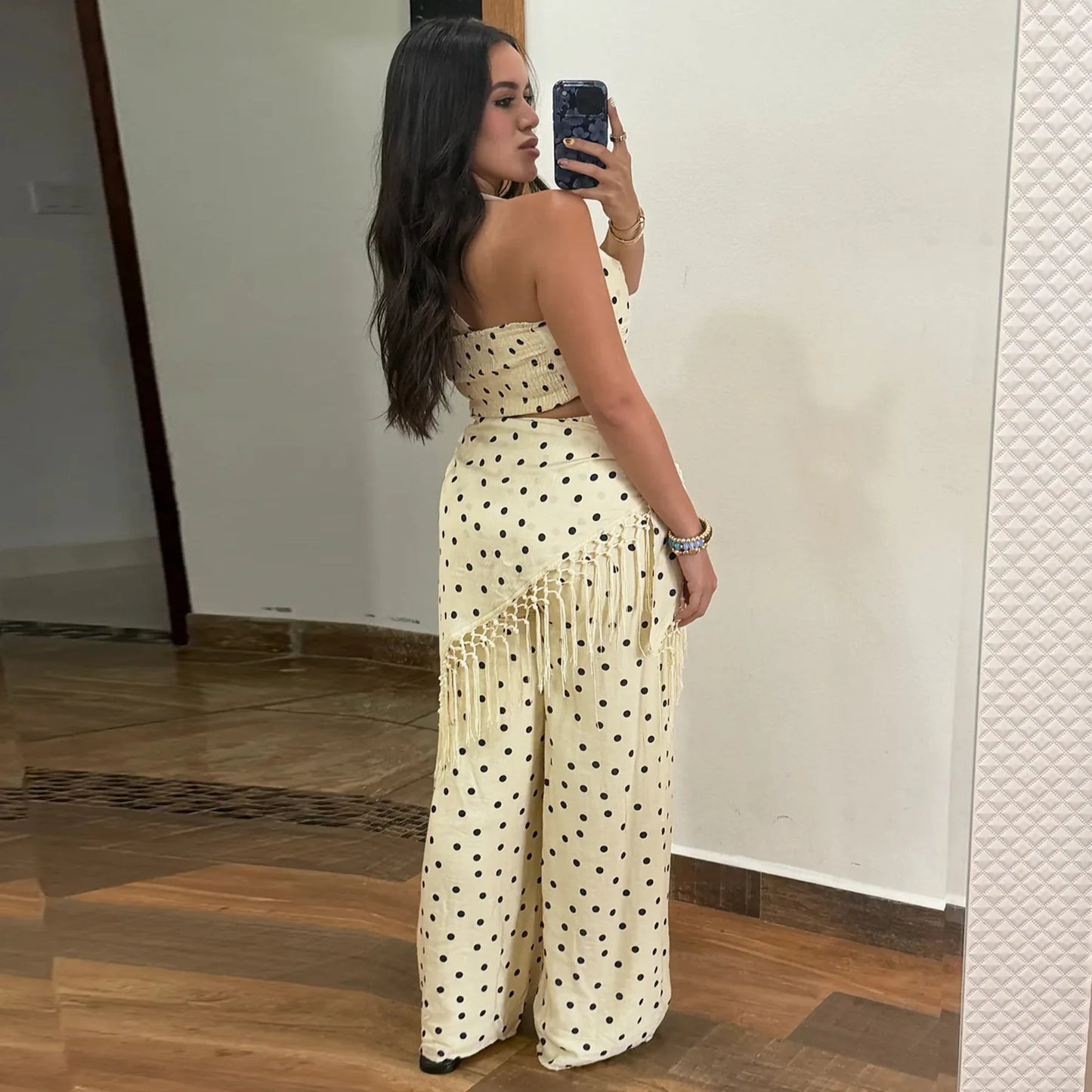 Polka Dot Print Halter Crop Top Tassel Fringe Two Piece Outfit for Women