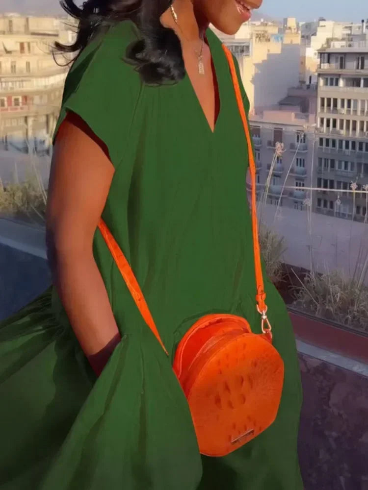 UOOZEE Female Stylish Solid Color Pleated Dress 2024 New Summer Short Sleeves V-neck Loose Casual Going Out Maxi Dresses