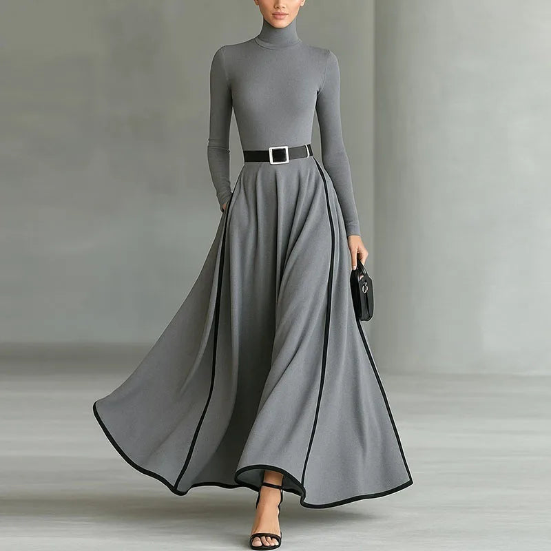 Spring Turtlenck High Waist A-Line Long Dress Woman Elegant Contrast Swing Party Dress Autumn Long Sleeve Pocket Boho Maxi Dress