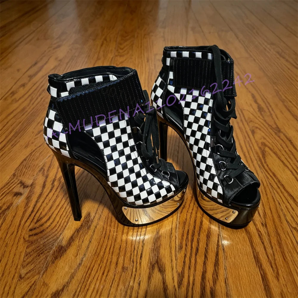 Checkerboard Platform Stiletto Ankle Boots for Women