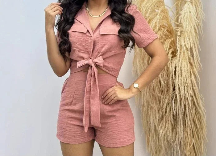 Casual Shorts 2 Piece Sets Woman Fashion Short Sleeved Lace Up Shirt and Half Pants Suit Streetwear 2025 New Spring and Summer