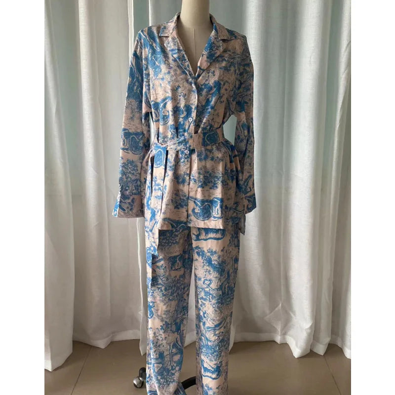 Elegant Print Two Piece Set With Long Sleeve Shirt And Wide Leg Pants for Women