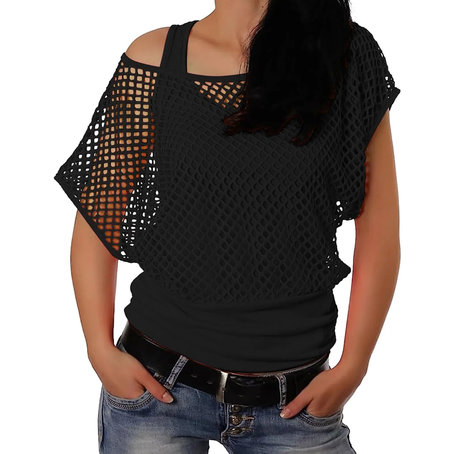 Vintage Neon Fishnet Short Sleeve Off Shoulder Top for Women