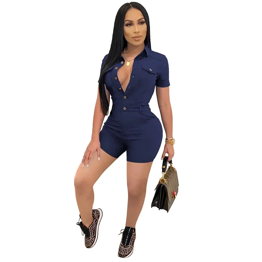 Summer V Neck Mesh Cargo Short Jumpsuit for Women