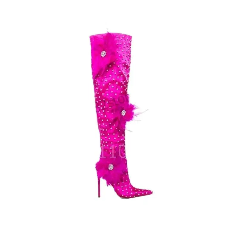 Rose Red Pointy Toe Boots With Thin Heels For Women