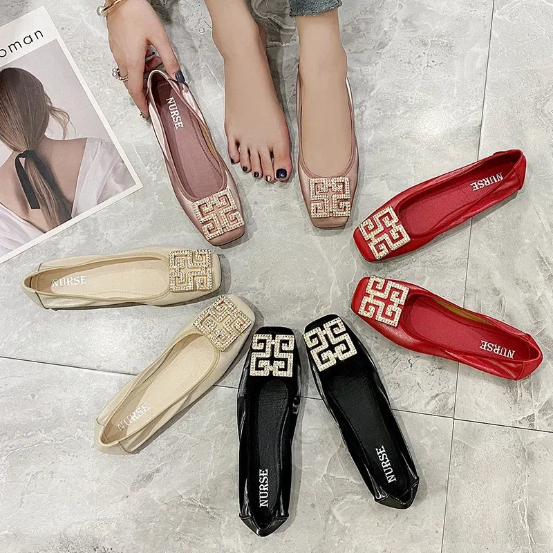 Rhinestone Buckle Square Toe Slip On Flats for Women