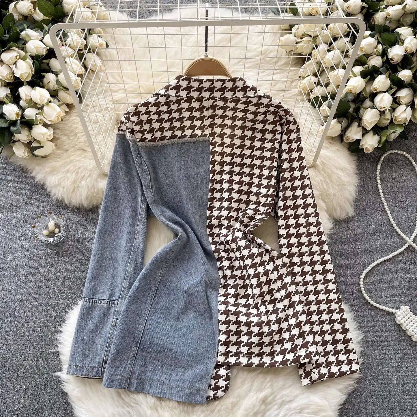 ANJY Autumn New Women Vintage Streetwear Ins Stylish Denim Patchwork Single Breasted Coat Casual Elegant Asymmetric Blazer A8421