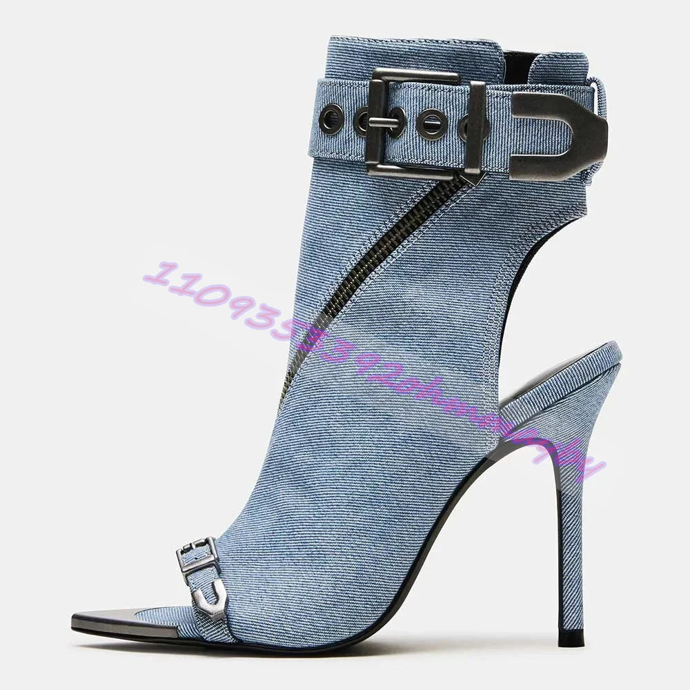 Summer Blue Denim Pointed Toe High Heel Sandals With Buckle for Women