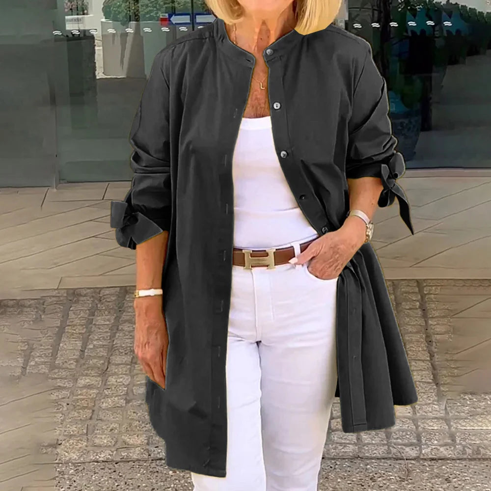 Women's Solid Long Sleeve Stand Collar Shirts Blouse Spring Autumn Ladies Single Breasted Casual OL Office Tops Size S-3XL