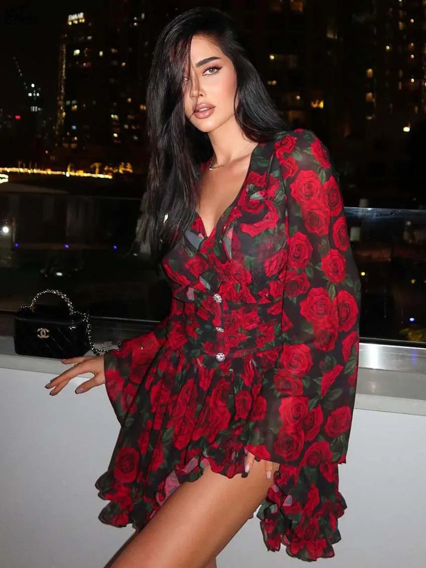 Oymimi Elegant Red Print Womens Dresses Fashion V-Neck Long Sleeve Button Dresses Casual High Waisted Ruffled Mini Dress Female