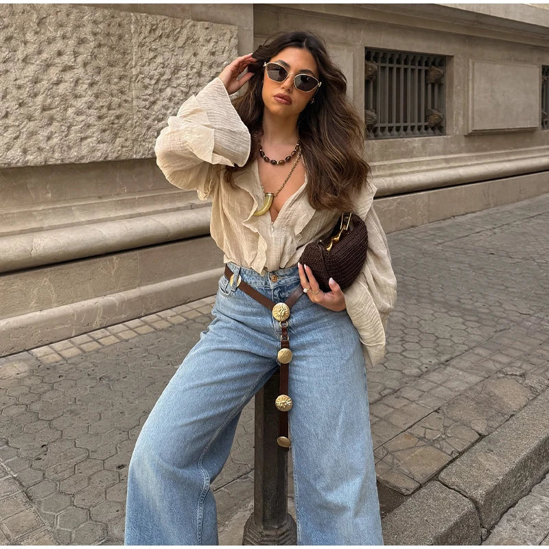 Women Shirt Loose Casual Ruffled Edges Female Blouses V Neck Lace Up Short  Woman Shirts Spring Summer Blouse Top 2025 New